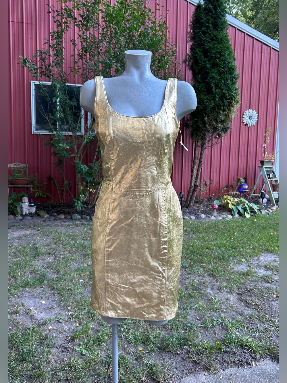 Vintage Retro 80s Julian K Gold Metallic Genuine Leather Glam Mini Dress~10~